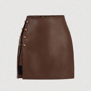 Brown Side Slit Metallic Trim Faux Leather A-Line Skirt